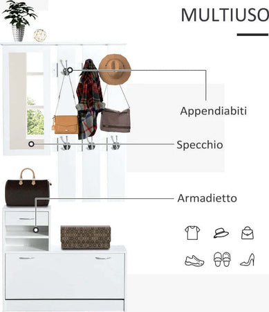 Mobile-d'Ingresso-Moderno-Guardaroba-Set-Appendiabiti,-Specchio-e-Scarpiera-3-in-1,-in-Legno-Bianco-BN3831-146WTBN3
