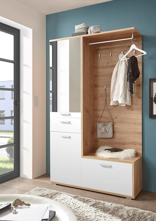 mobile-ingresso-entrata-moderno-design-guardaroba-appendiabiti-salvaspazio-corridoio-specchio-scarpiera-cassetto-mensola-bianco-marrone-armadio-T2056,191S