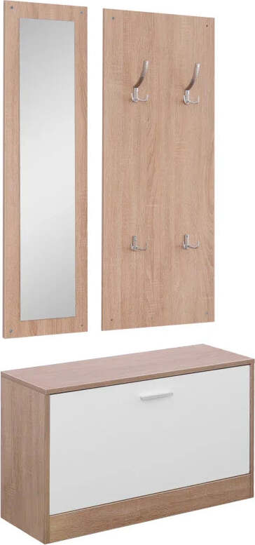 Mobile-per-Ingresso-in-Legno-Set-3-Pezzi-con-Scarpiera,-Appendiabiti-e-Specchio,-80x27x46.5cm---Color-Legno-LO6837-006LO6