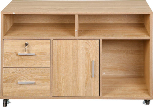 Mobile-Porta-Stampante-Legno-3-Mensole-2-Cassetti-con-Chiave-Armadietto-Ufficio