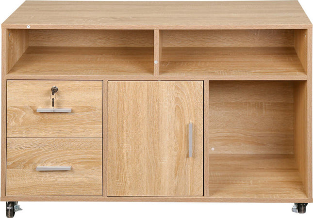 Mobile-Porta-Stampante-Legno-3-Mensole-2-Cassetti-con-Chiave-Armadietto-Ufficio