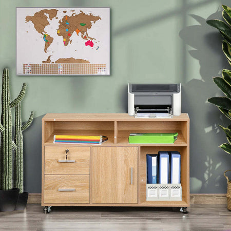 Mobile-Porta-Stampante-Legno-3-Mensole-2-Cassetti-con-Chiave-Armadietto-Ufficio