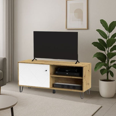 Mobile porta tv Bollo BO01 con due vani a giorno rovere e un'anta bianca con dettaglio geometrico