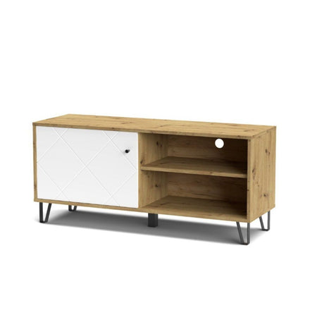 Mobile porta tv Bollo BO01 con due vani a giorno rovere e un'anta bianca con dettaglio geometrico