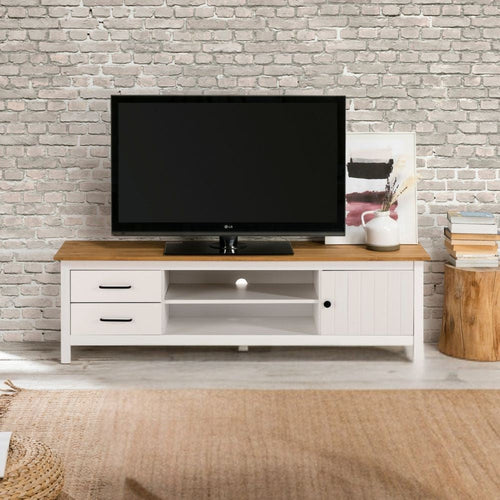 Mobile porta tv Miranda con 1 anta 2 cassetti e 2 vani a giorno in legno massiccio colore bianco e top pino