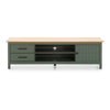 Mobile porta tv Miranda con 1 anta 2 cassetti e 2 vani a giorno in legno massiccio colore verde e top pino