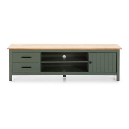 Mobile porta tv Miranda con 1 anta 2 cassetti e 2 vani a giorno in legno massiccio colore verde e top pino