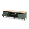 Mobile porta tv Miranda con 1 anta 2 cassetti e 2 vani a giorno in legno massiccio colore verde e top pino