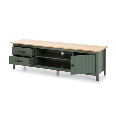 Mobile porta tv Miranda con 1 anta 2 cassetti e 2 vani a giorno in legno massiccio colore verde e top pino