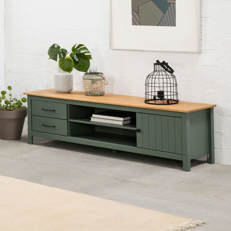 Mobile porta tv Miranda con 1 anta 2 cassetti e 2 vani a giorno in legno massiccio colore verde e top pino
