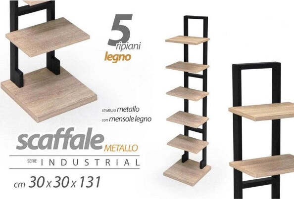 Mobile-Scaffale-Moderno-In-Metallo-5-Ripiani-Mensole-In-Legno-30x30x131cm-783180