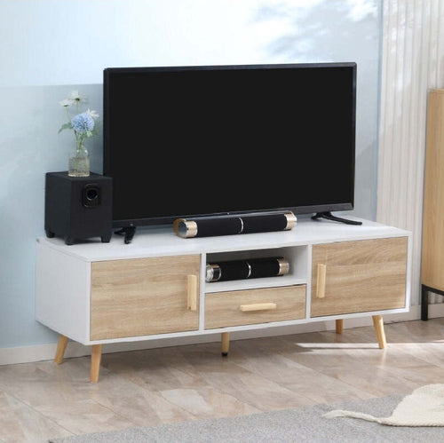 Mobile-TV-Basso-per-TV--con-Ripiano-Aperto,-Cassetto-e-2-Armadietti,-in-Truciolato-e-Pino,-120x40x55.3-cm-F839-139AKA