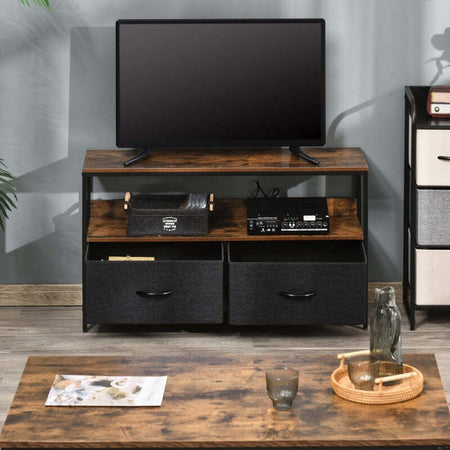 Mobile-TV-Stile-Industriale-con-Cassetti-Pieghevoli-in-Tessuto-e-Mensola,-Mobiletto-TV-in-Metallo-e-MDF,-Marrone-noce-e-Nero-F839-071CGA