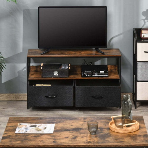 Mobile-TV-Stile-Industriale-con-Cassetti-Pieghevoli-in-Tessuto-e-Mensola,-Mobiletto-TV-in-Metallo-e-MDF,-Marrone-noce-e-Nero-F839-071CGA