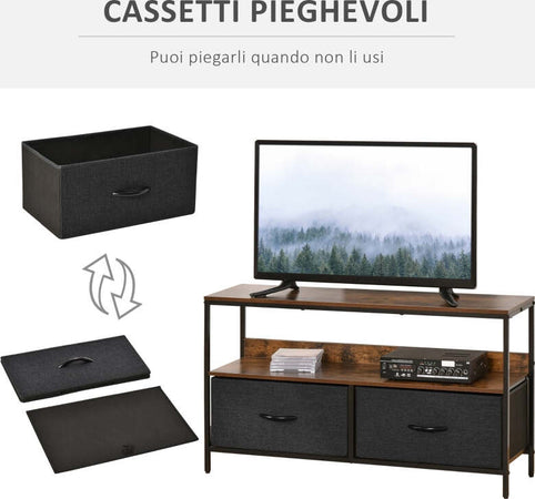 Mobile-TV-Stile-Industriale-con-Cassetti-Pieghevoli-in-Tessuto-e-Mensola,-Mobiletto-TV-in-Metallo-e-MDF,-Marrone-noce-e-Nero-F839-071CGA