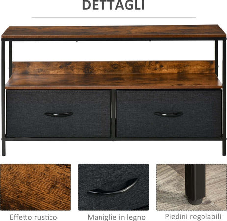 Mobile-TV-Stile-Industriale-con-Cassetti-Pieghevoli-in-Tessuto-e-Mensola,-Mobiletto-TV-in-Metallo-e-MDF,-Marrone-noce-e-Nero-F839-071CGA