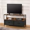 Mobile-TV-Stile-Industriale-con-Cassetti-Pieghevoli-in-Tessuto-e-Mensola,-Mobiletto-TV-in-Metallo-e-MDF,-Marrone-noce-e-Nero-F839-071CGA