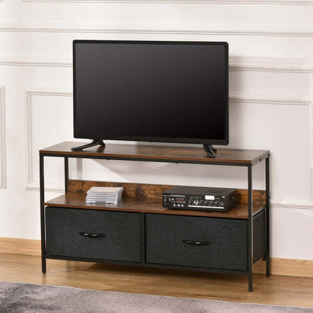 Mobile-TV-Stile-Industriale-con-Cassetti-Pieghevoli-in-Tessuto-e-Mensola,-Mobiletto-TV-in-Metallo-e-MDF,-Marrone-noce-e-Nero-F839-071CGA