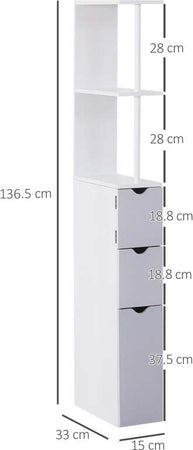 Mobiletto-a-Colonna-Salvaspazio-in-Legno,-Armadietto-da-Bagno-con-Ripiani-e-Armadietti,-Bianco,-15x33x136.5cm-RF7834-114RF7