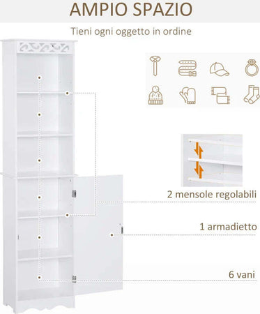 Mobiletto-del-Bagno-a-Torre-3-Ripiani-Regolabili-su-3-Livelli-e-1-Ampio-Armadietto-Inferiore-Manopole-sull'Anta-MDF-Bianco-40x23x160cm-ED6834-198ED6