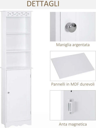 Mobiletto-del-Bagno-a-Torre-3-Ripiani-Regolabili-su-3-Livelli-e-1-Ampio-Armadietto-Inferiore-Manopole-sull'Anta-MDF-Bianco-40x23x160cm-ED6834-198ED6