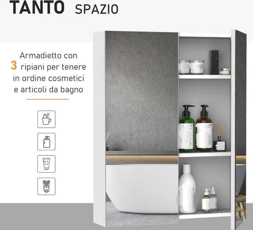 Mobiletto-Pensile-da-Bagno-con-2-Ante-e-Specchiera-in-MDF-Bianco-60-x-75-x-15cm-TE6811-032TE6