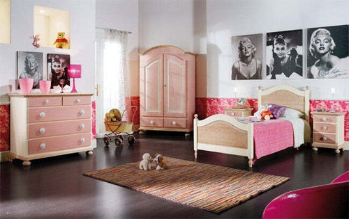 MOBILI-2G---CAMERETTA-DA-LETTO-SINGOLO-LEGNO-MASSELLO-COLORE-ROSA