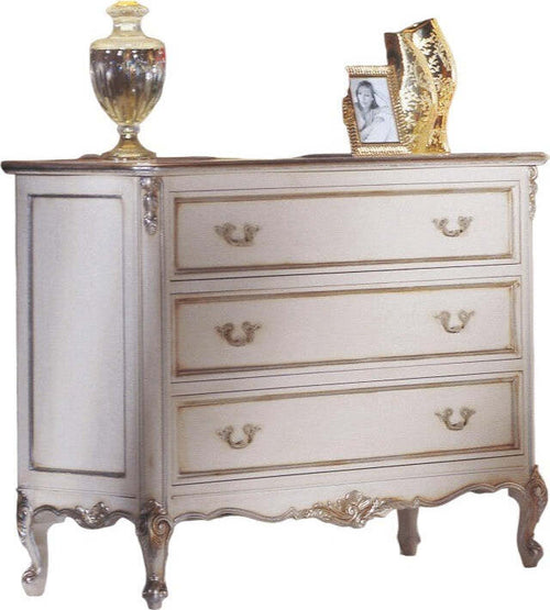MOBILI-2G---Cassettiera-3-cassetti-Classico-Legno-Shabby-Bianco-Argento-130x62x107