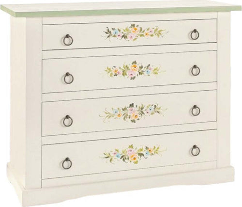 MOBILI-2G---Cassettiera-4-cassetti-legno-shabby-bianco-decori-115x50X90