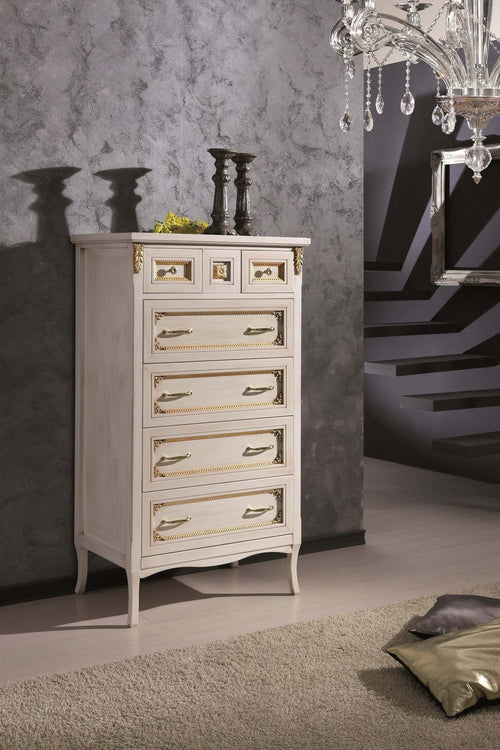 MOBILI-2G---CASSETTIERA-CLASSICA-LEGNO-BIANCO-INVECCHIATO-ORO-79x50x144