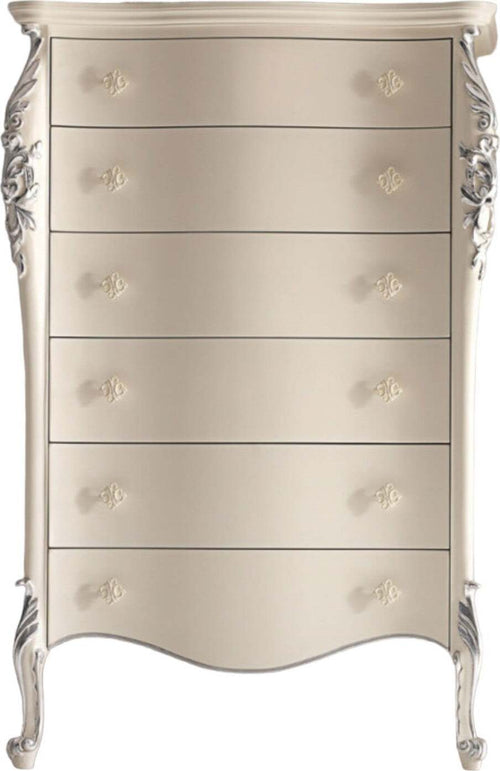 MOBILI-2G---CASSETTIERA-CLASSICA-SAGOMATA-6-CASSETTI-IN-LEGNO-BIANCO-ARGENTO-L.86-P.47-H.132