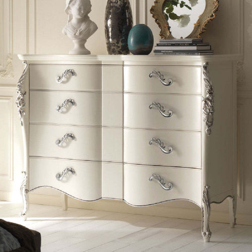 MOBILI-2G---CASSETTIERA-SAGOMATA-4-CASSETTI-IN-LEGNO-BIANCO-ARGENTO-L.137-P.57-H.110