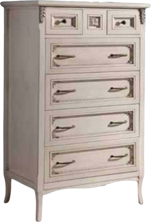 MOBILI-2G---CASSETTIERA-SHABBY-IN-LEGNO-BIANCO-INVECCHIATO-E-PROFILI-ARGENTO-79X50X144