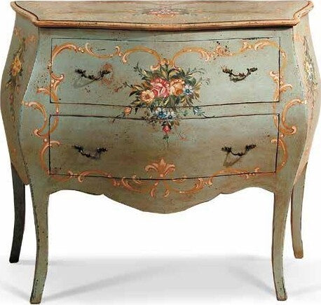 MOBILI-2G---COMO'-BOMBATO-2-CASSETTI-LACCATO-VERDE-INVECCHIATO-CON-DECORI-MISURE-L.94-P.42-H.80