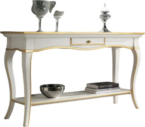 MOBILI-2G---Consolle-1-cassetto-legno-bianco-oro-shabby-135X47x80
