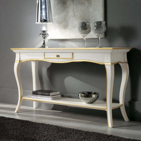 MOBILI-2G---Consolle-1-cassetto-legno-bianco-oro-shabby-135X47x80
