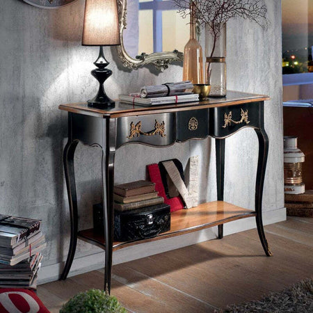 MOBILI-2G---CONSOLLE-700'-CLASSICA-IN-LEGNO-SHABBY-NERO/ORO-100X36x78