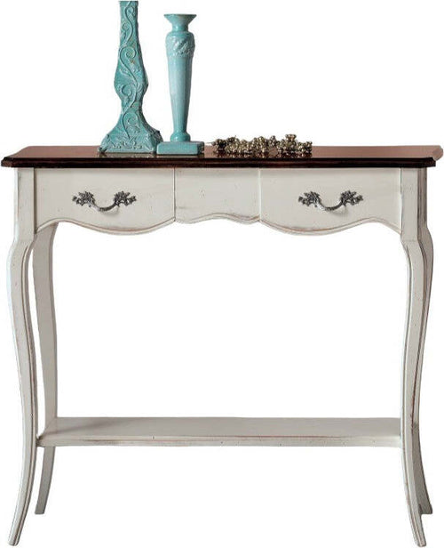 MOBILI-2G---Consolle-classica-2-cassetti-legno-bianco-shabby-bicolore-88X33x79