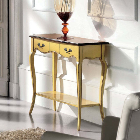 MOBILI-2G---Consolle-classica-2-cassetti-legno-giallo-shabby-bicolore-88X33x79