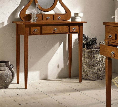 MOBILI-2G---Consolle-in-legno-in-6-cassetti-con-specchiera-arte-povera-tinta-noce-L.90-x-P.40-H.81