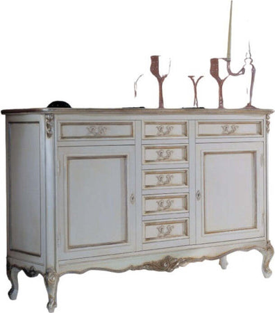 MOBILI-2G---Credenza-2-porte-7-cassetti-classica-legno-shabby-bianco-argento-190X62x107