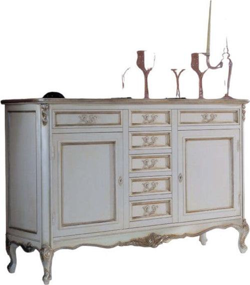 MOBILI-2G---Credenza-2-porte-7-cassetti-classica-legno-shabby-bianco-argento-190X62x107
