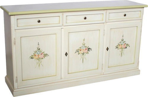 MOBILI-2G---Credenza-3-porte-legno-shabby-bianco-anticato-decori-verdi-156X42X86