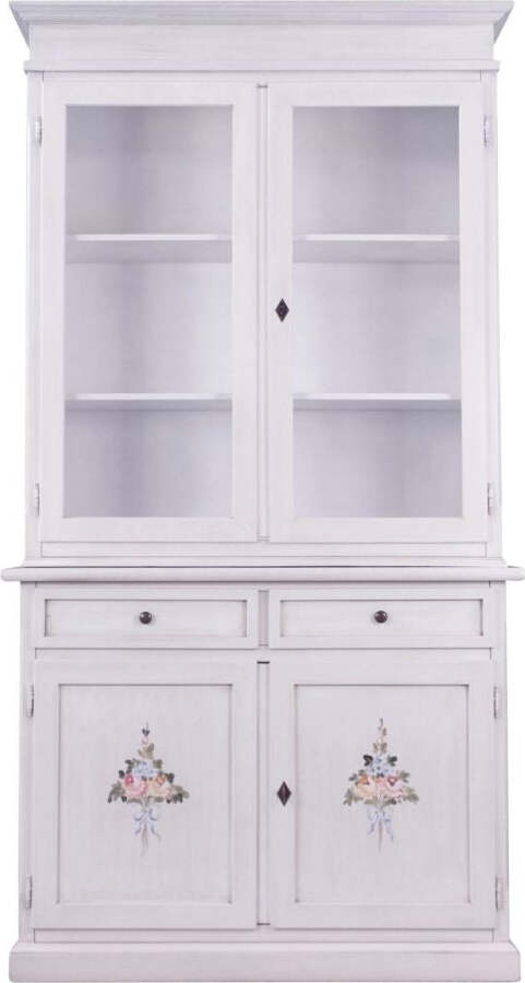 MOBILI-2G---Cristalliera-2-porte-shabby-legno-bianco-anticato-decorato-105X42X205