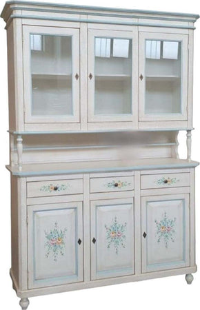 MOBILI-2G---Cristalliera-3-ante-legno-bianco-invecchiato-decori-filo-azzurro-150X43X208
