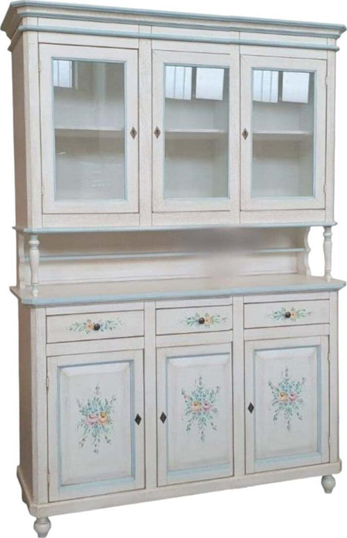 MOBILI-2G---Cristalliera-3-ante-legno-bianco-invecchiato-decori-filo-azzurro-150X43X208