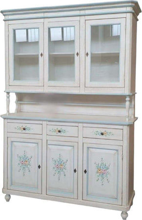 MOBILI-2G---Cristalliera-3-ante-legno-bianco-invecchiato-decori-filo-azzurro-150X43X208