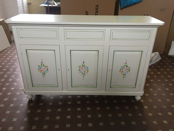 MOBILI-2G---CRISTALLIERA-3-ANTE-NAPOLETANA-ARTE-POVERA-BIANCO-DECORI-L.150-P.43-H.208