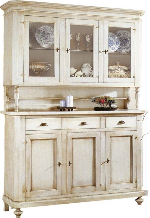 MOBILI-2G---CRISTALLIERA-3-PORTE-3-CASSETTI-SHABBY-VINTAGE-BIANCO-PATINATO-160x50x221