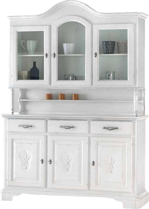 MOBILI-2G---CRISTALLIERA-3-PORTE-CLASSICA-SAGOMATA-SPIGA-LEGNO-SHABBY-BIANCO-163X49X228